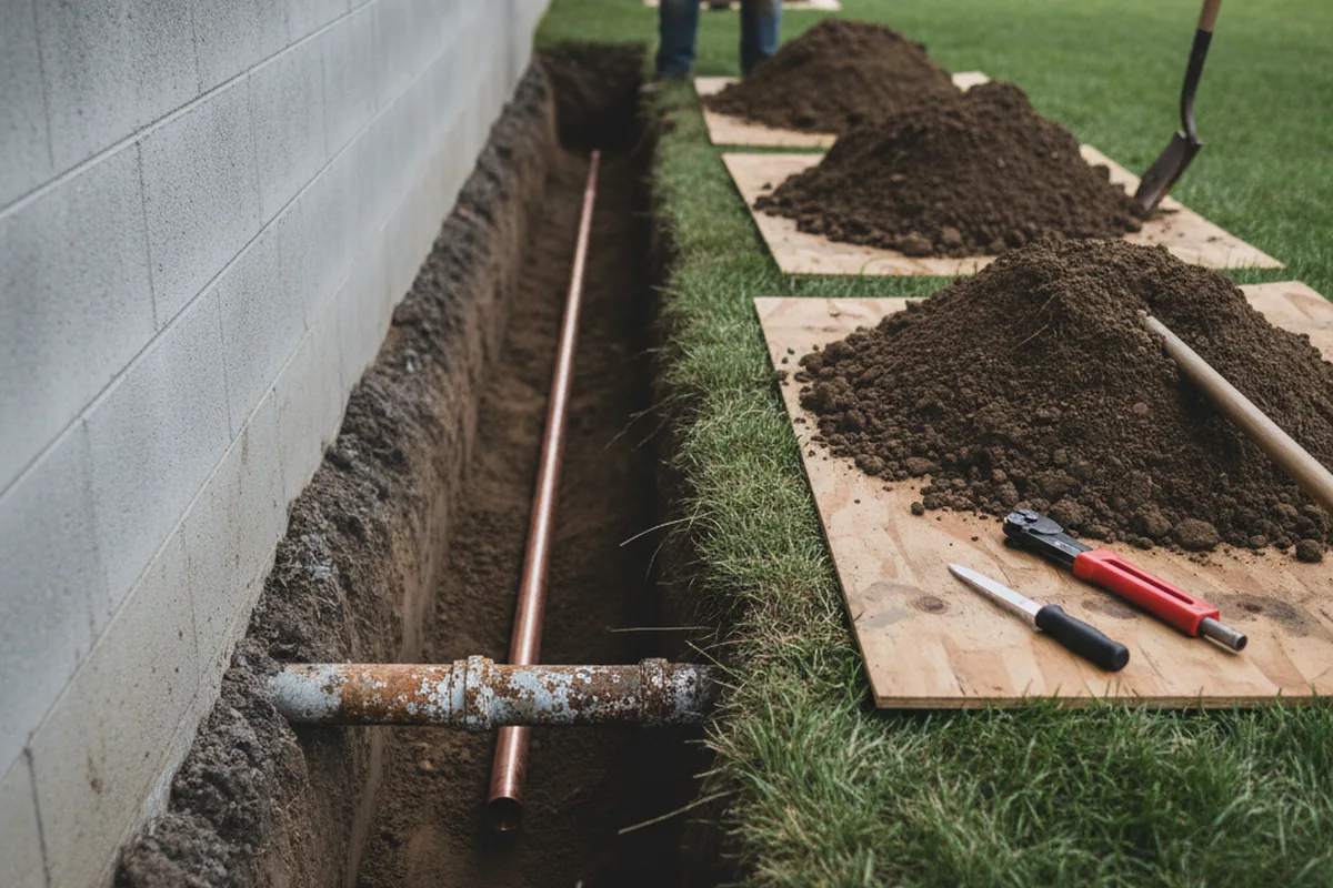 Excavated water line trench during Water Heater Repair in Mt Zion